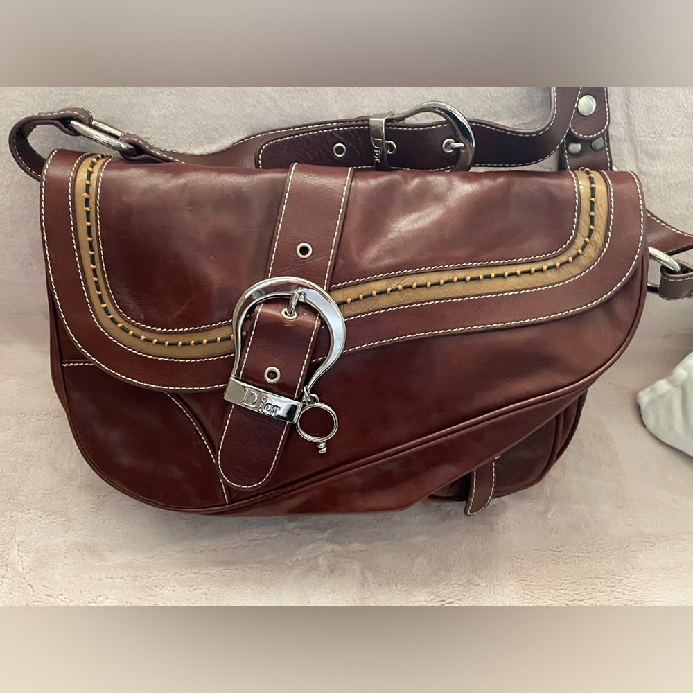Iconic Designer Brown Leather Saddle Bag with Tan Accent